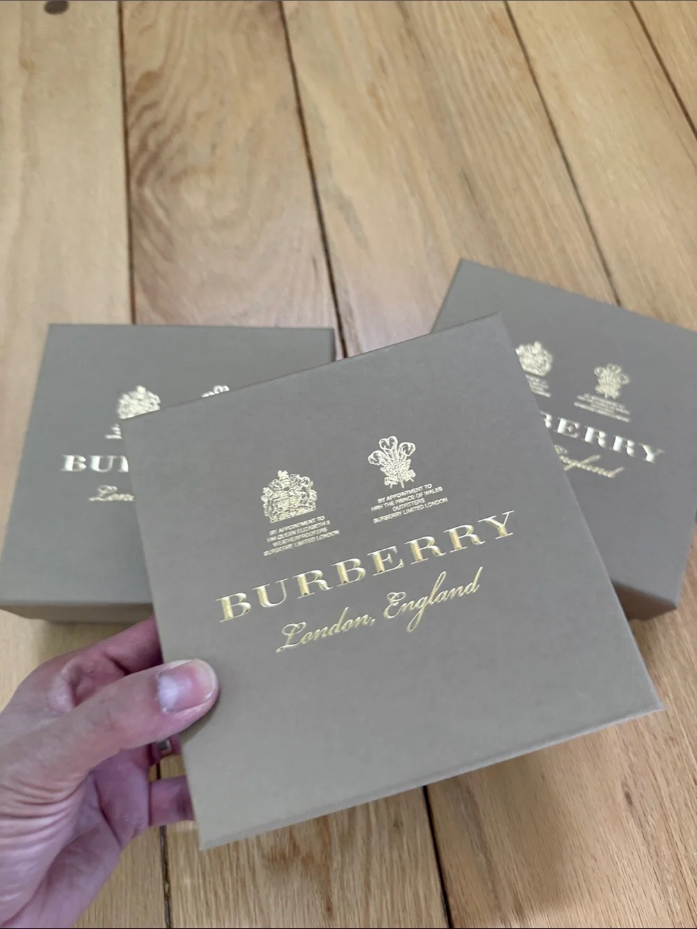 3 Burberry Boxes in Taupe with Gold Logo 6”x6”x2.25”